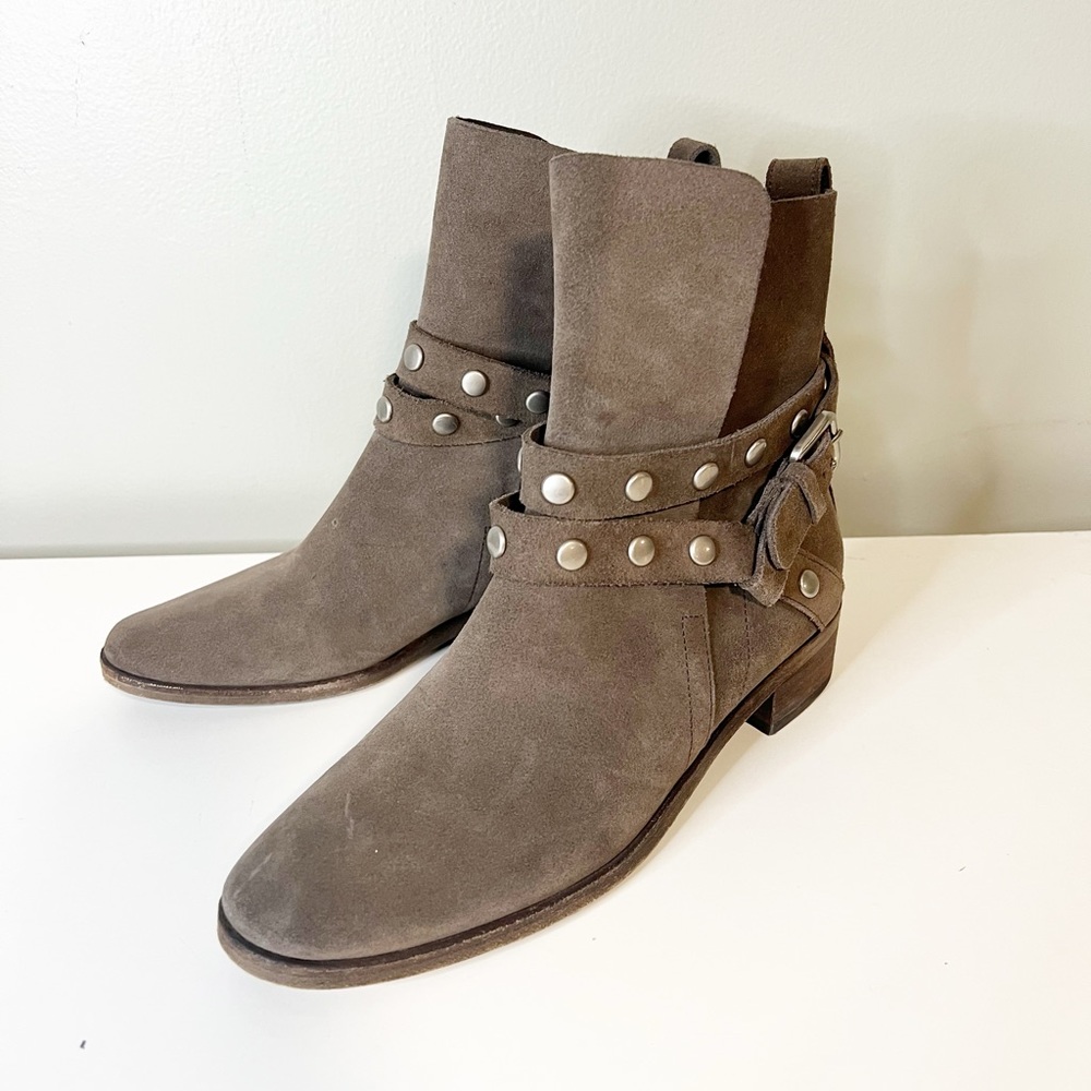See by Chloe Neo Janis Metal Studded Buckle Suede Taupe Slip On Ankle Boot - Picture 6 of 9